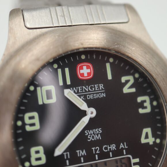 Wenger Mens Analog Digital Watch Watch Silver 40mm Black Dial 199.0687 RARE VTG - Picture 7 of 14